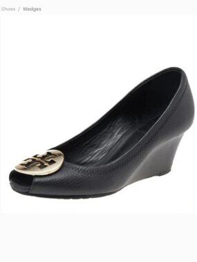 Tory Burch Black Sally 2 Low Wedge Sandals Peep Toe Heels Leather Size 6 Women's